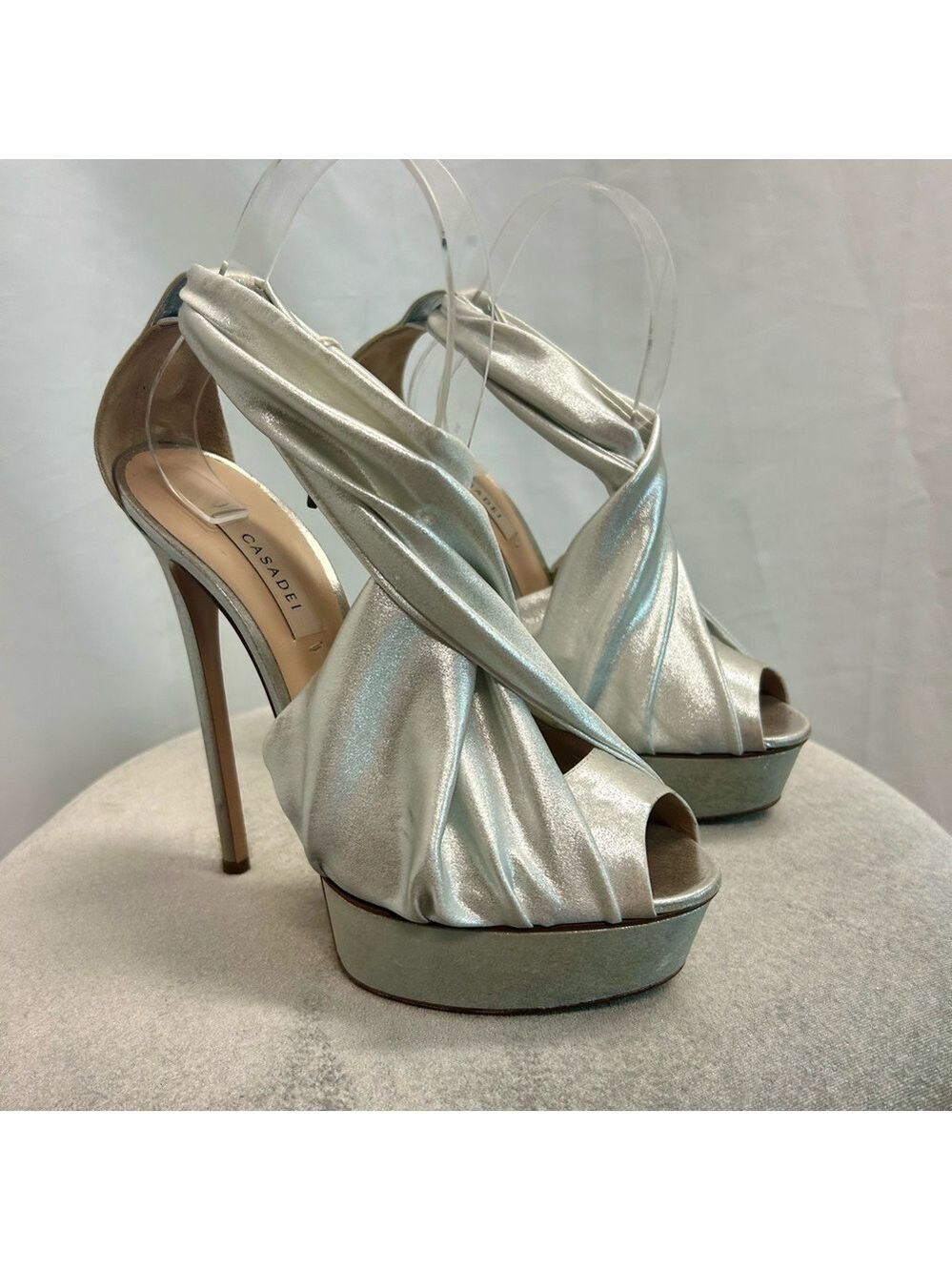Casadei metallic silver fabric crossover platform stiletto high heels authentic